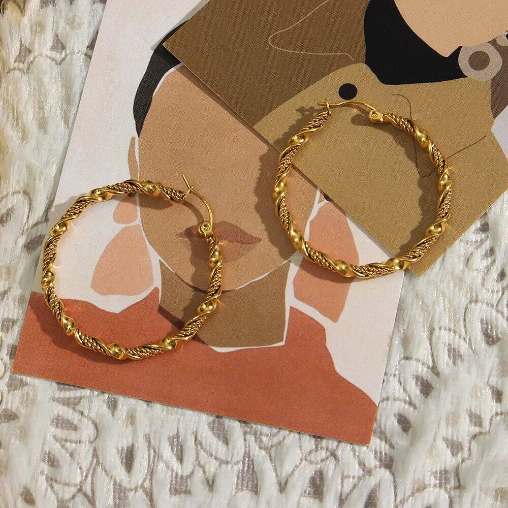 Large Twisted 18K Gold-Plated Hoop Earrings - Picture 10 of 11